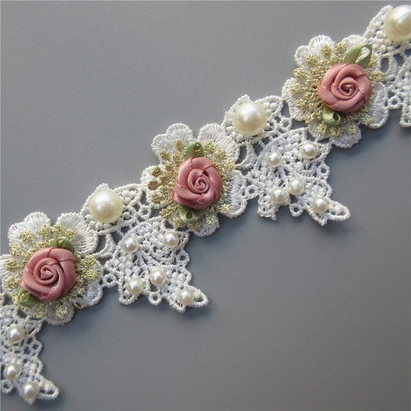 Milcraft 1 Yard Vintage Gold Pearl Rose Flowers Embroidered Lace Trim Fabric Floral Appliques Lace Ribbon Bridal Ornaments Handmade DIY Sewing Supplies Craft for Costume Hat Decoration 1.96" Wide - Image 1